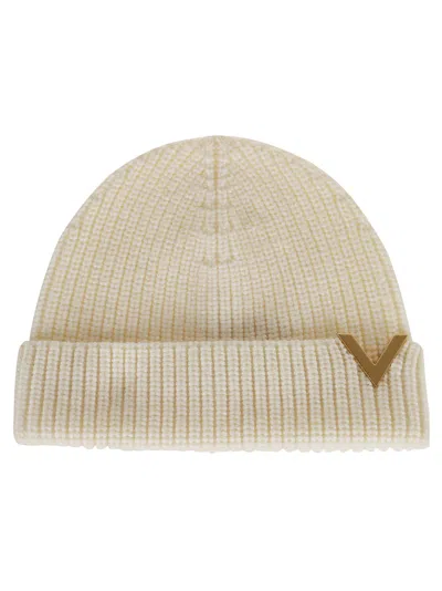 Valentino Garavani Cashmere Ribbed Folded Cuff Beanie Knitted In White