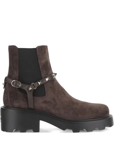 Valentino Garavani Valentino Beatle Rockstud Testa Di Moro Leather Boots In Brown