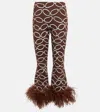 Valentino Feather-trim Chain-print Trousers In Braun