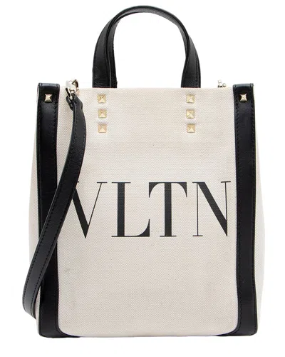 Pre-owned Valentino Garavani Valentino Beige & Black Canvas & Leather Rockstud Vltn Grande Plage N/s Mini  Tote (authentic Pre-lo