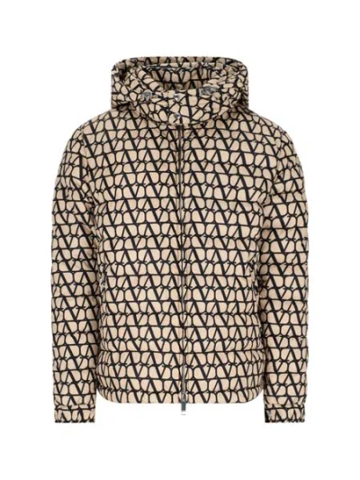 Valentino Beige And Black Nylon Puffer Jacket With Iconographic Print For Men