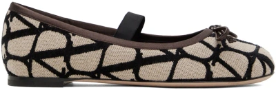 Valentino Garavani Toile Iconographe Canvas & Satin Ballerina Flat In Beige Black