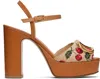 Valentino Cherry-embroidered Raffia Platform Sandals In Brown