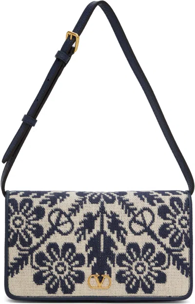VALENTINO GARAVANI BEIGE & NAVY VLOGO SIGNATURE JACQUARD FLOWERS BAG