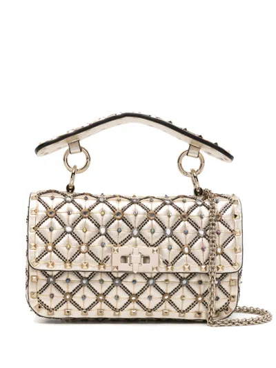 VALENTINO GARAVANI BEIGE BEAD-EMBELLISHED METALLIC TOTE BAG