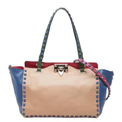 Pre-owned Valentino Garavani Valentino Beige Blue Leather Shoulder Bag Tote Bag () In Beige, Blue