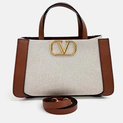 Pre-owned Valentino Garavani Beige Brown Pvc V-logo Tote And Shoulder Bag In Sand