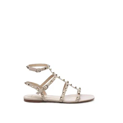 Valentino Garavani Beige Calfskin Flat Sandals In White