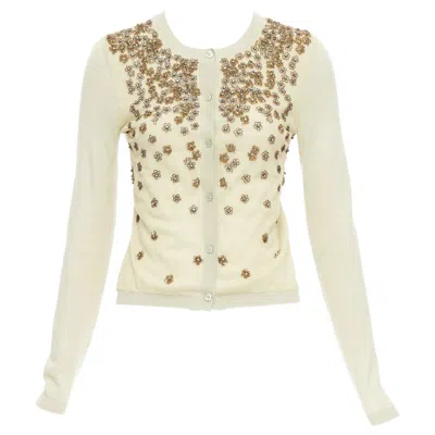 Pre-owned Valentino Beige Cashmere Silk Bead Embellished Crop Cardigan M In Brown