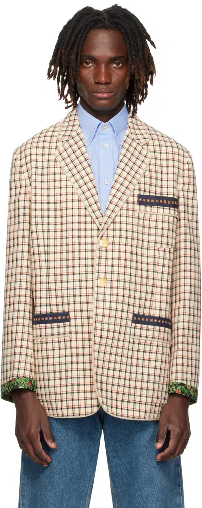 VALENTINO BEIGE CHECK PATTERN SINGLE-BREASTED COTTON BLAZER
