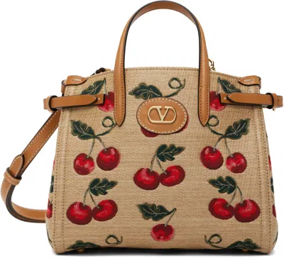 VALENTINO GARAVANI BEIGE CHERRYFIC PATTERN ANTIBES SMALL SHOPPING TOTE