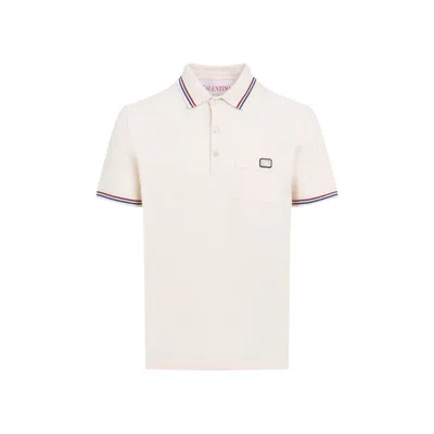 VALENTINO VALENTINO BEIGE COTTON PIQUÉ POLO SHIRT WITH STRIPED DETAILING