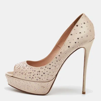 Pre-owned Valentino Garavani Beige Crystal Embellished Satin Peep Toe Platform Pumps Size 40