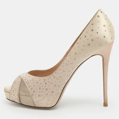 Pre-owned Valentino Garavani Beige Crystal Embellished Satin/mesh Criss Cross Platform Pumps Size 38 In Sand