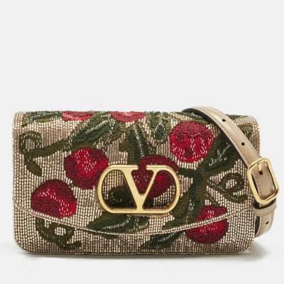 Pre-owned Valentino Garavani Beige Embroidered Beads And Leather Vain Clutch In Sand