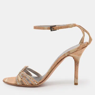Pre-owned Valentino Garavani Beige Fabric Crystal Embellished Ankle Strap Sandals Size 38