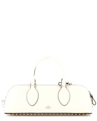 Valentino Garavani Valentino Beige Faux Leather Rockstud Zip-up Top Handle Bag East West  (authentic Pre-loved) In White