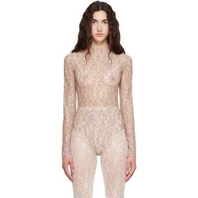 Valentino Beige Floral Lace Bodysuit In Dns Skin/nero