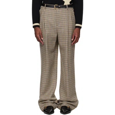 Valentino Beige Houndstooth Wool Trousers In Brown