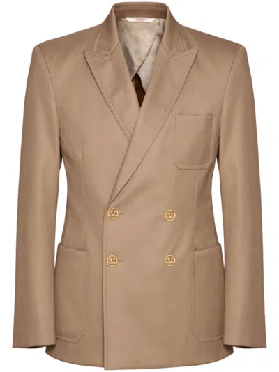 Valentino Double-breasted Cotton Blazer In Beige
