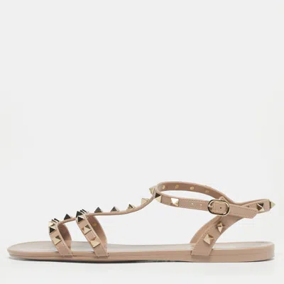 Pre-owned Valentino Garavani Beige Jelly Rockstud Ankle Strap Flats Size 40 In Sand