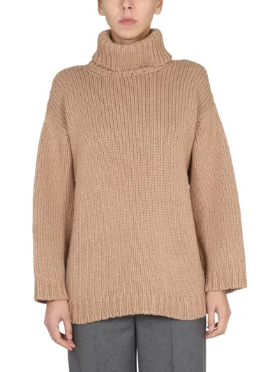 Valentino Beige Knitted Turtle Neck Sweater In Brown