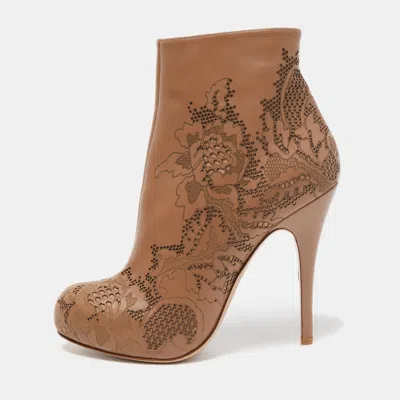 Pre-owned Valentino Garavani Beige Laser Cut Leather Platform Ankle Booties Size 39.5 In Brown