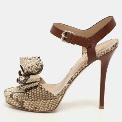 Pre-owned Valentino Garavani Beige Leather And Python Leather Bow Ankle Strap Sandals Size 37