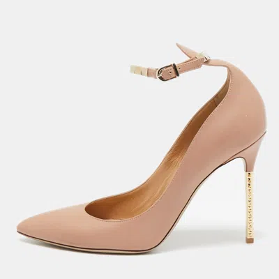 Pre-owned Valentino Garavani Beige Leather Ankle Strap Pointed Toe Pumps Size 40