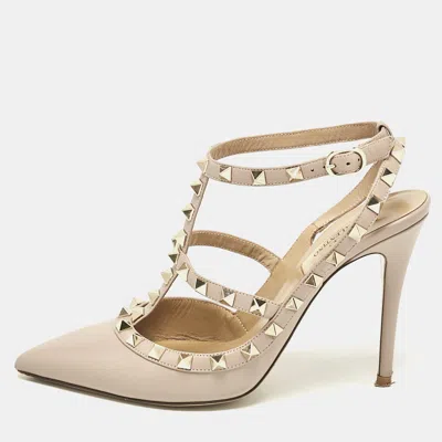 Pre-owned Valentino Garavani Beige Leather Rockstud Ankle Strap Pumps Size 38