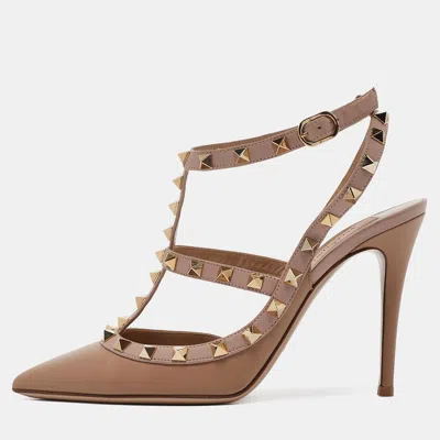 Pre-owned Valentino Garavani Beige Leather Rockstud Ankle Strap Pumps Size 38