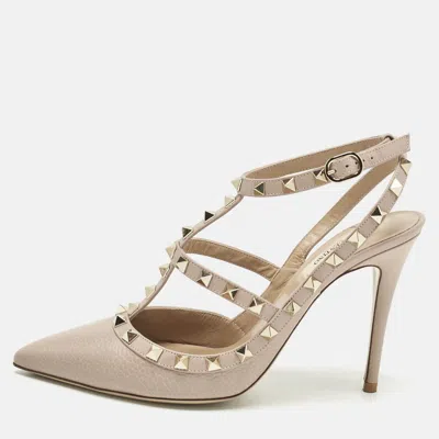 Pre-owned Valentino Garavani Beige Leather Rockstud Ankle Strap Pumps Size 39.5 In Sand