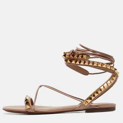 Pre-owned Valentino Garavani Beige Leather Rockstud Ankle Wrap Flat Sandals Size 39