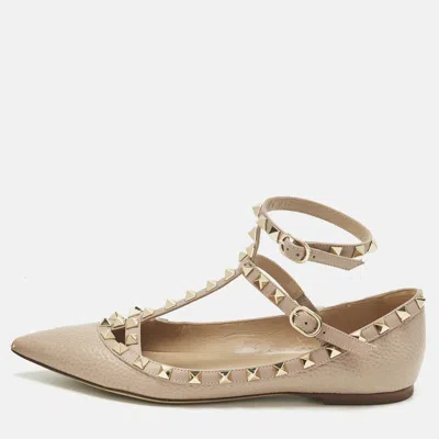 Pre-owned Valentino Garavani Beige Leather Rockstud Ballet Flats Size 38 In Sand