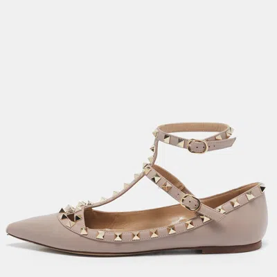 Pre-owned Valentino Garavani Beige Leather Rockstud Cage Ballet Flats Size 38