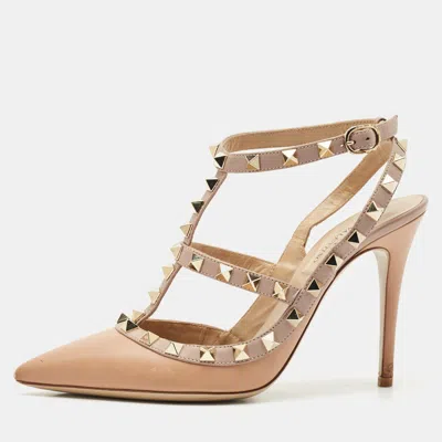 Pre-owned Valentino Garavani Beige Leather Rockstud Cage Pumps Size 36.5