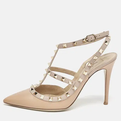 Pre-owned Valentino Garavani Beige Leather Rockstud Caged Ankle Strap Pumps Size 40.5