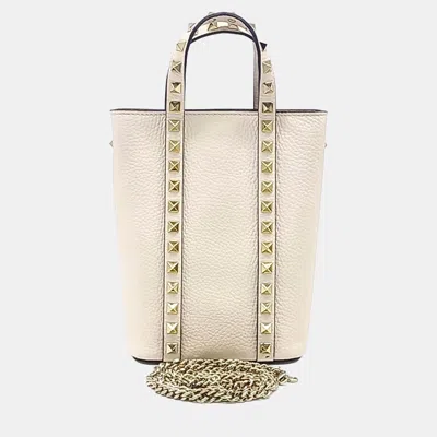 Pre-owned Valentino Garavani Beige Leather Rockstud Mini Tote And Shoulder Bag In Sand