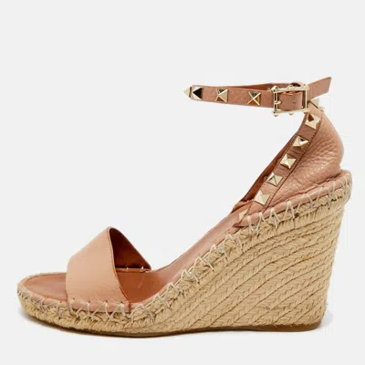 Pre-owned Valentino Garavani Beige Leather Rockstud Wedge Sandals Size 38