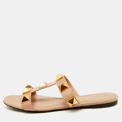 Pre-owned Valentino Garavani Beige Leather Roman Stud Flat Slide Sandals Size 39.5