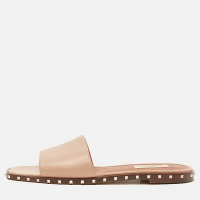 Pre-owned Valentino Garavani Beige Leather Soul Rockstud Flat Slide Sandals Size 38