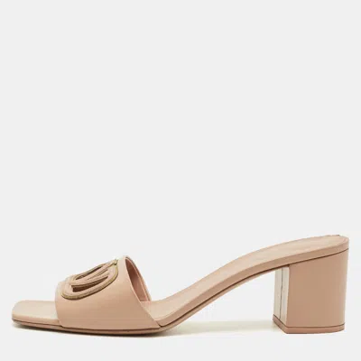 Pre-owned Valentino Garavani Beige Leather Vlogo Slide Sandals Size 38.5