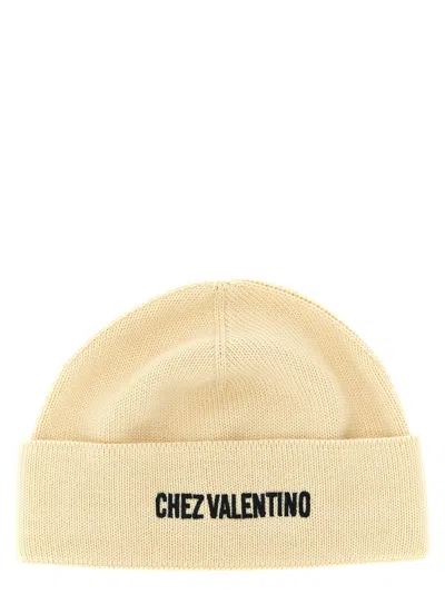 VALENTINO GARAVANI BEIGE LOGO BEANIE HAT
