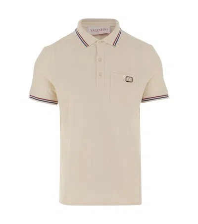 Valentino Cotton Piqué Polo Shirt With V-logo Patch In Neutral