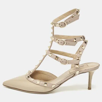 Pre-owned Valentino Garavani Beige Patent And Leather Rockstud Ankle Strap Pumps Size 38