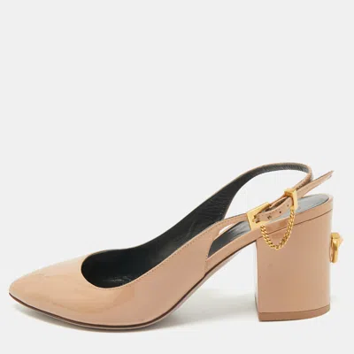 Pre-owned Valentino Garavani Beige Patent Leather Pointed Toe Block Heel Slingback Sandals Size 37.5