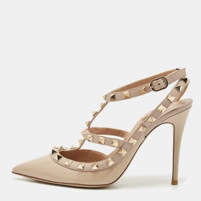 Pre-owned Valentino Garavani Beige Patent Leather Rockstud Ankle Strap Pumps Size 36.5