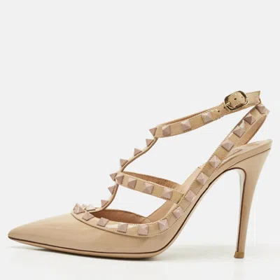 Pre-owned Valentino Garavani Beige Patent Leather Rockstud Caged Pumps Size 37.5