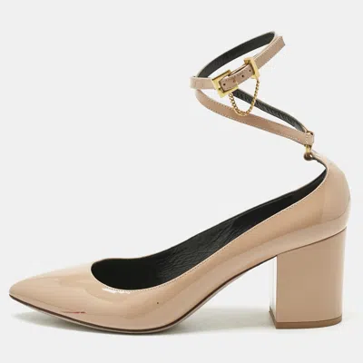 Pre-owned Valentino Garavani Beige Patent Leather Tango Block Heel Ankle Strap Pumps Size 40.5