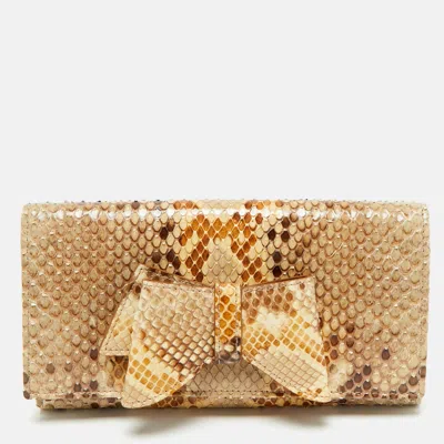 Pre-owned Valentino Garavani Beige Python Bow Flap Continental Wallet